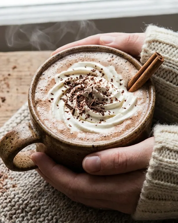 فنجان هات چاکلت داغ بین دست‌ها با رنده کاکائو؛ نتیجه انتخاب و نگهداری درست