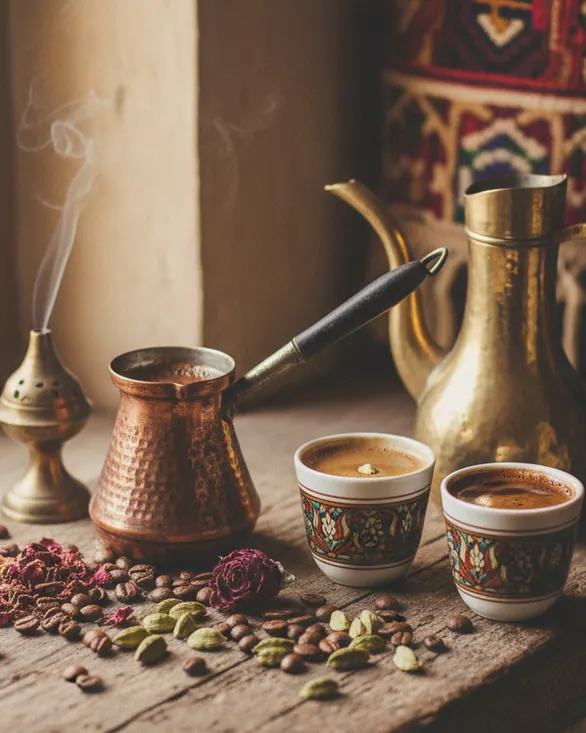 قهوه ترک هل‌دار با جذوه مسی و فنجان‌های سنتی روی میز کنار دانه قهوه و هل