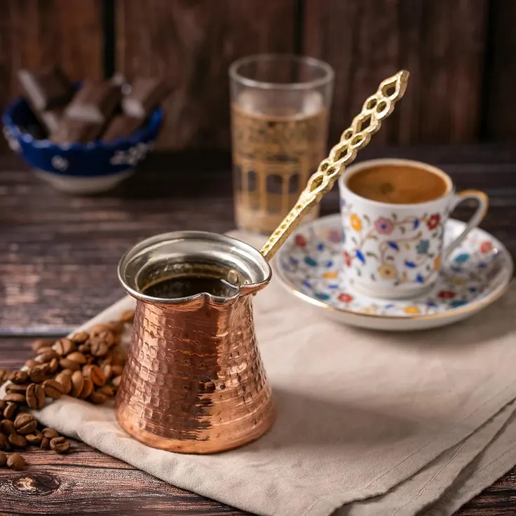 جذوه مسی با دسته چوبی کنار فنجان قهوه ترک گل‌دار
