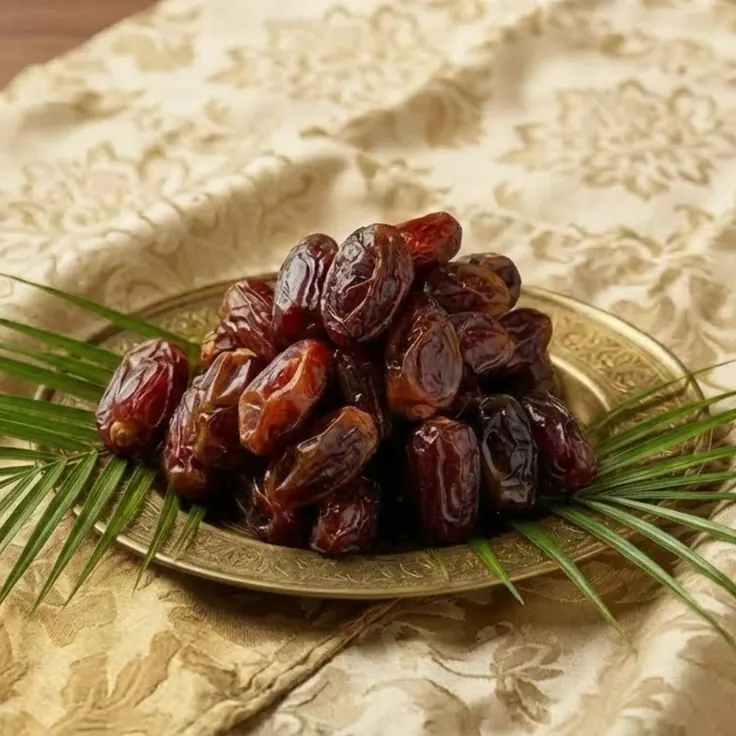 خرمای تازه روی بشقاب برنجی کنار برگ نخل برای قهوه دمی با خرما