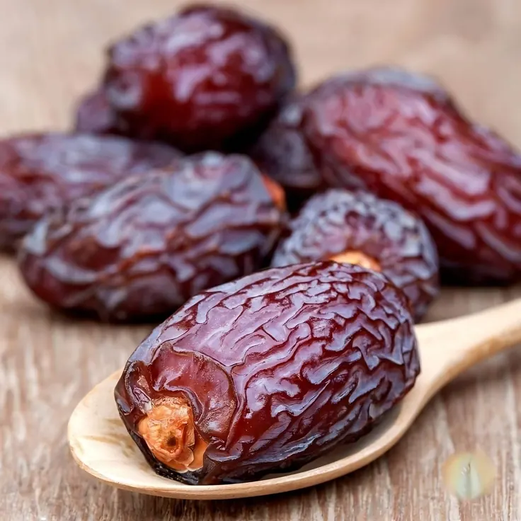 خرمای مجول روی قاشق چوبی؛ مقدار درست خرما برای یک فنجان قهوه دمی