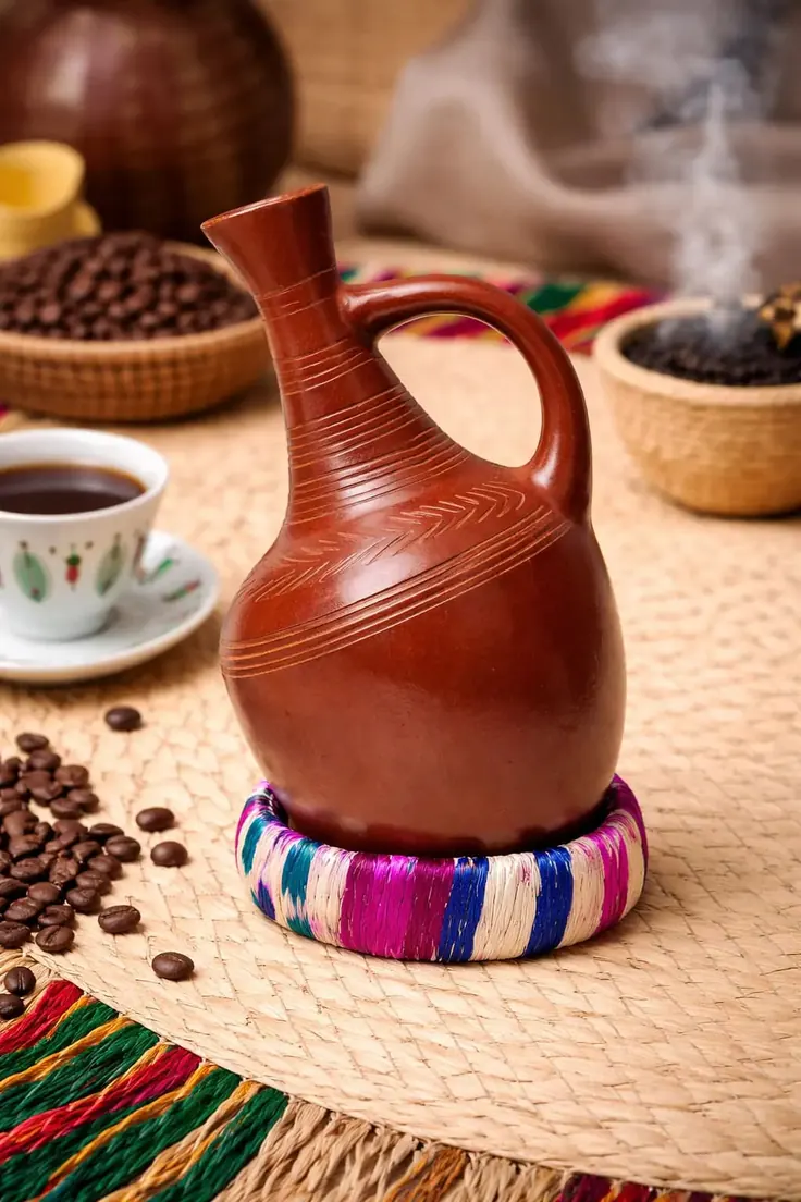 جبنای سفالی قهوه اتیوپی روی پایه حصیری در کنار فنجان و دانه قهوه