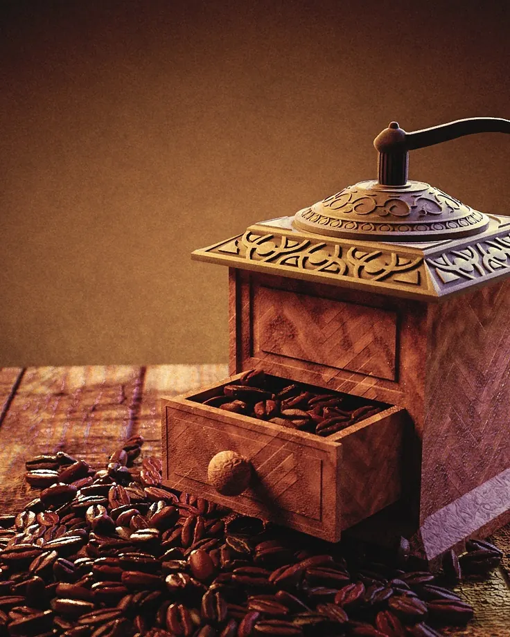 آسیاب قهوه دستی چوبی کنار دانه‌های قهوه