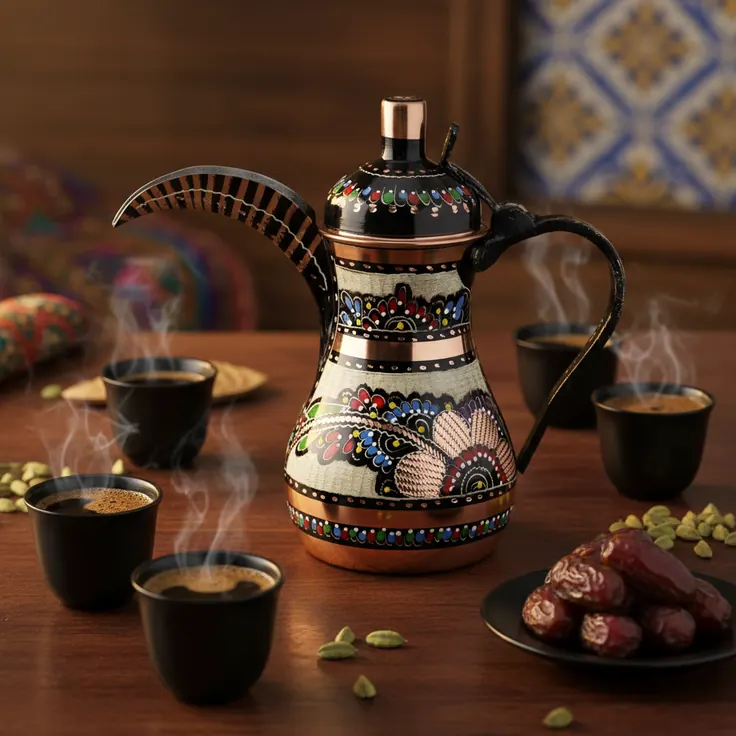 قهوهجوش سنتی مسی با فنجانهای قهوه قود، هل و خرما روی میز