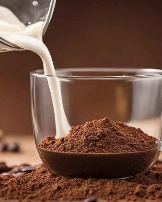 ریختن شیر در فنجان قهوه برای تهیه قهوه فوری خوشمزه روی میز چوبی