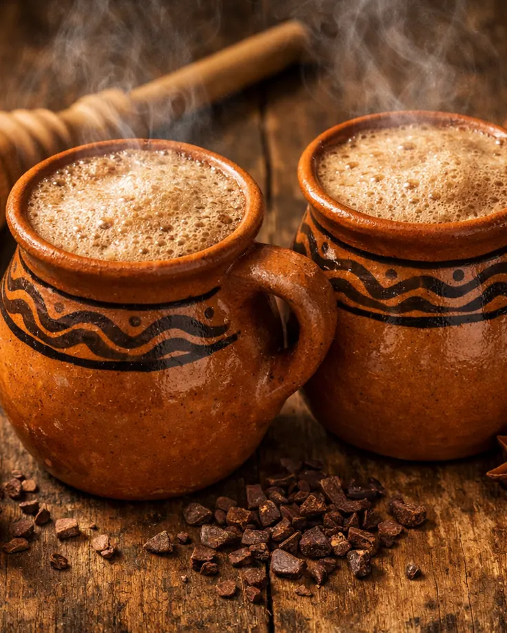 دو لیوان سفالی قهوه مکزیکی با کف و قاشق چوبی هم‌زن