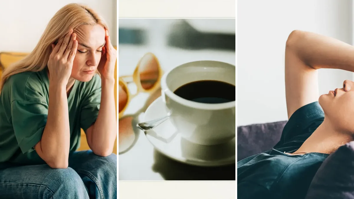 کلاژ قهوه و میگرن؛ زنی با دست روی شقیقه‌اش کنار فنجان قهوه و عینک آفتابی و زنی که روی مبل استراحت می‌کند