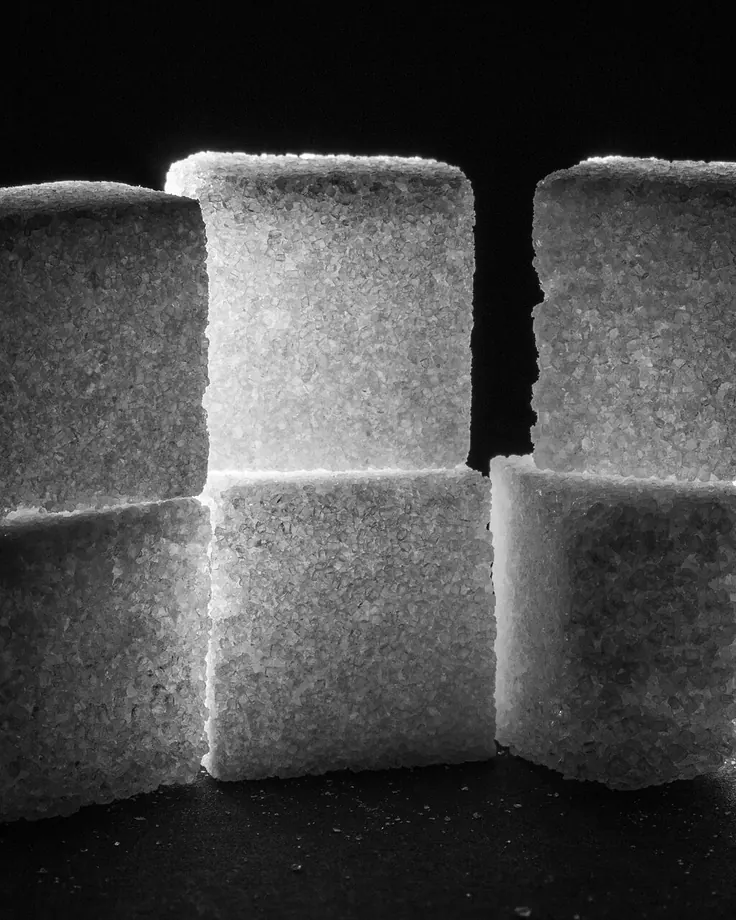 قندهای مکعبی سفید با نور از پشت روی میز تیره