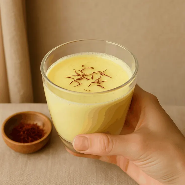 دستی که لیوان شیشهای شیر زعفرانی طلایی با رشته زعفران روی کف گرفته، کنار پیاله کوچک زعفران