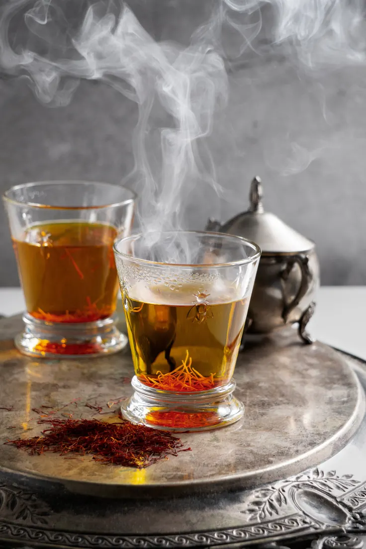 دو لیوان شیشهای نوشیدنی طلایی زعفرانی بخاردار با رشته زعفران در ته و سینی نقرهای قدیمی