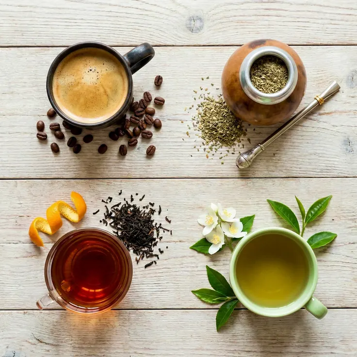 چهار نوشیدنی کافئیندار؛ اسپرسو، چای ماته، چای سیاه و چای سبز روی میز چوبی