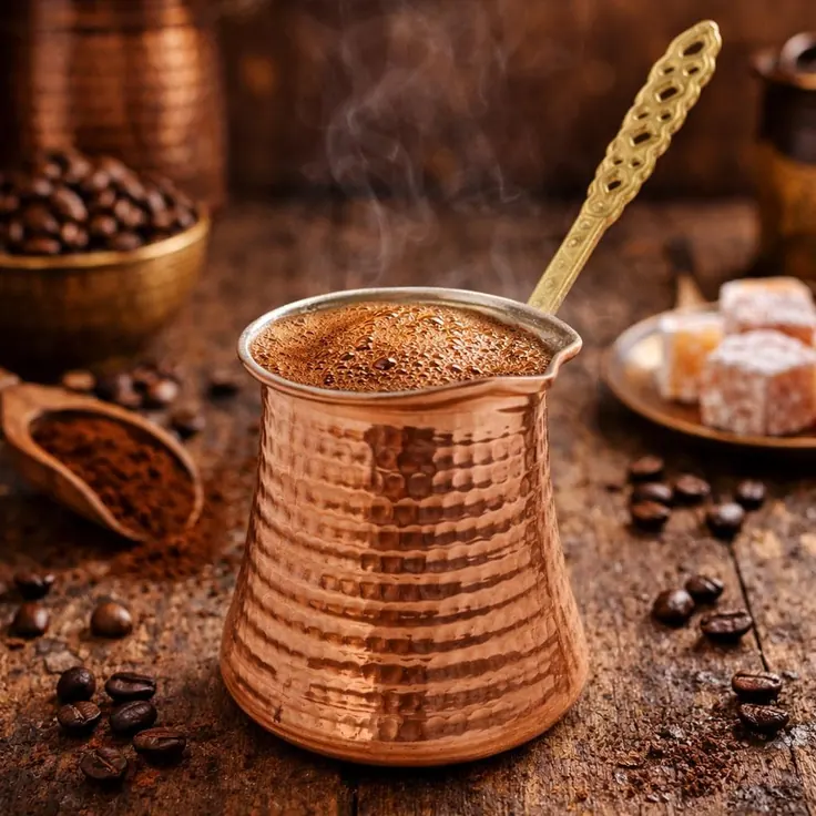 کف (کپک) قهوه ترک در لحظه بالا آمدن داخل جذوه مسی