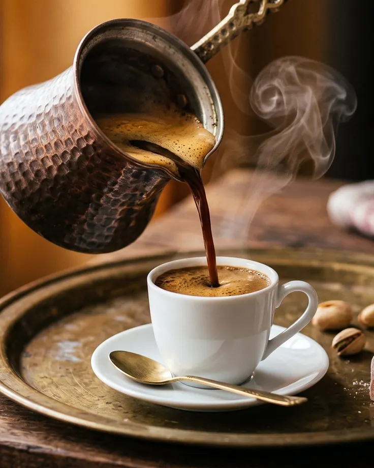 سرو قهوه ترک با لوکوم روی سینی برنجی
