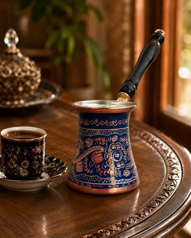 جذوه مسی کنار فنجان قهوه ترک روی میز چوبی؛ سنت دم‌آوری در شب یلدا